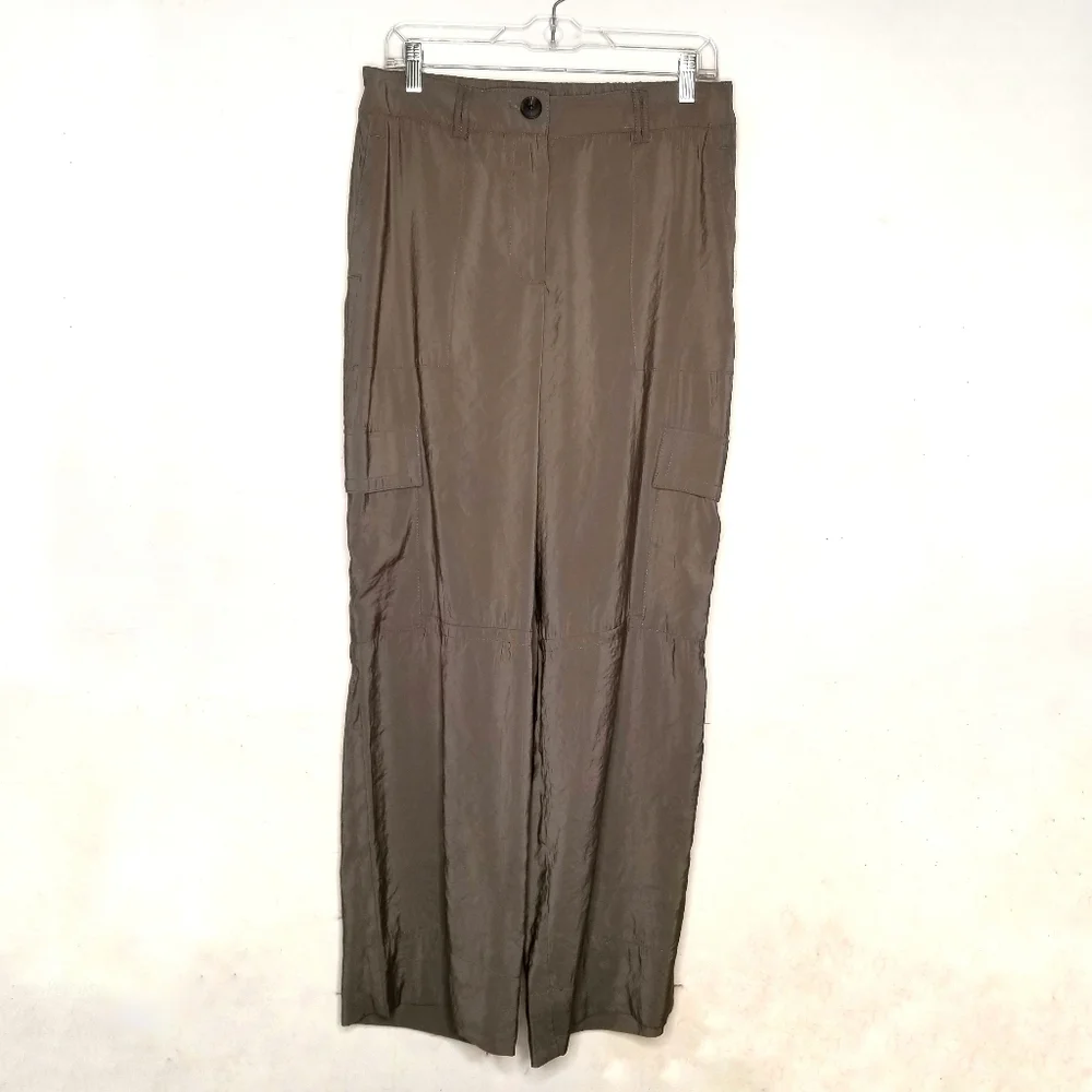 Olive Satin Cargo Pants Women Wide Leg Khaki Matte Utility Chic Wmn's Medium - Picture 2 of 5